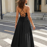 Black Lace-Up Back Textured Maxi Cami Dress