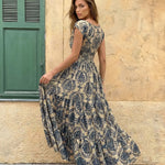 Beige Navy Floral V-Neck Cap Sleeve Smocked Tiered Maxi Dress