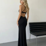 Sexy Black Lace Plunge V-Neck Backless Maxi Dress