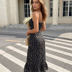 Black Floral Print Spaghetti Strap Midi Dress