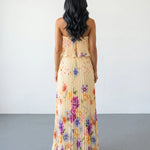 Yellow Floral Print Pleated Strapless Maxi Dress
