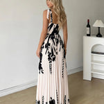 Cream Black Silhouette Floral Tie Strap Pleated Maxi Dress