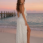 White Polka Dot Halter Neck Slit Maxi Dress