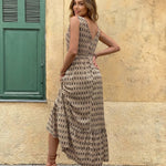 Beige Geometric Print Sleeveless Maxi Dress