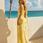 Yellow Solid Square Neck Ruffle Strap Ruched Bodycon Maxi Dress