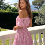 Pink Ditsy Floral One Shoulder Smocked Ruffle Mini Dress