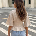 Beige Linen Blend V-Neck Batwing Sleeve Peplum Blouse