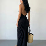 Black Halter Neck Ruched Maxi Dress