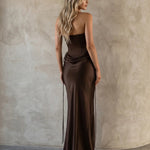 Brown Strapless Sweetheart Drawstring Mermaid Maxi Dress