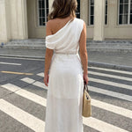 White Asymmetrical Off Shoulder Ruched Midi Dress