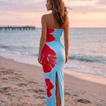 Light Blue Strapless Red Floral Print Maxi Dress