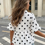 White Polka Dot Cotton Slim Fit Regular Peplum Blouse