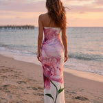 White Floral Print Strapless Maxi Dress