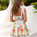 Cream Floral Print Tie Strap Fit Flare Mini Dress