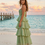 Sage Green Tiered Crinkled Fabric Slim Fit Maxi Dress