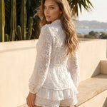 White Textured Shirt And Ruffle Shorts Two Piece Set