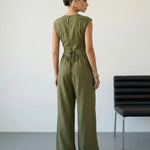 Army Green Sleeveless Wrap Top Wide Leg Pants Set