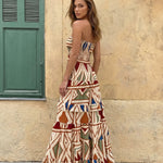 Apricot Print Smocked Waist Strapless Tiered Maxi Dress