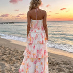 White Floral Vacation Tiered Ruffled Relaxed Maxi Dress
