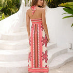 Pink Palm Tree Print Halter Neck Keyhole Cutout Maxi Dress