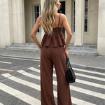 Brown Peplum Camisole And Wide Leg Pants Two Piece Set