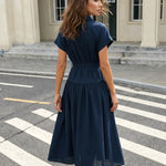 Navy Blue Belted Linen Blend Midi Shirt Dress