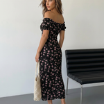 White Pink Floral Print Off-Shoulder Puff Sleeve High Slit Maxi Dress