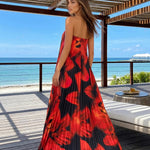 Black Red Floral Print Strapless Notched Tube Pleated Midi Dress