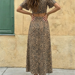 Leopard Print Tie-Front Crop Top and Slit Maxi Skirt Two-Piece Set