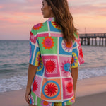 Multicolor Sun Print Button Down Shirt Shorts Set