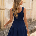 Navy Blue Square Neck Tiered Mini Dress