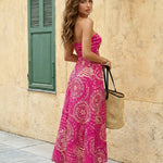Pink Geometric Print Halter Neck Cutout Maxi Dress