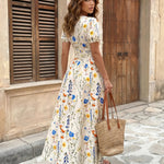 White Floral Print Puff Sleeve Maxi Dress