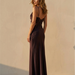 Brown Lace Trim Satin Cami Maxi Dress
