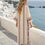 Beige Boho Ethnic Embroidered Cotton Loose Fit Maxi Dress