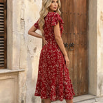 Red Floral V-Neck Wrap Flutter Sleeve Midi Dress