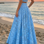 Blue Eyelet Embroidery High Waist Maxi Skirt