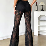 Black Floral Sheer Lace High Waist Flare Bell Bottom Pants