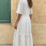 White Eyelet Embroidery V-Neck Tiered Midi Dress