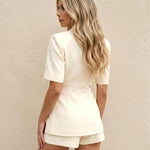 White Notched Lapel Wrap Tie Short Sleeve Blazer Cuffed Shorts Two Piece Outfit Set