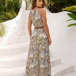 Tropical Leaf Print Halter Neck Maxi Dress