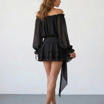 Beige Off-Shoulder Balloon Sleeve Ruffled with Floral Sash Mini Dress