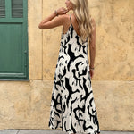 White Abstract Print V-Neck Spaghetti Strap Maxi Dress