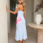 White Strapless Watercolor Pink Floral Midi Dress