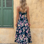 Dark Floral Print V-Neck Spaghetti Strap Maxi Dress