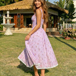 Purple Floral Print Corset Lace Trim Midi Dress