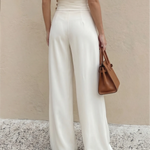 White High Waist Double Front Pleat Tailored Wide Leg Suit Pants