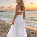 White Swiss Dot Cutout Waist Tiered Maxi Dress