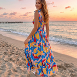 Blue Abstract Floral Print Tiered Midi Dress