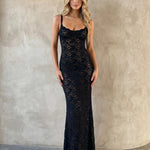 Black Floral Sheer Lace Scallop Sweetheart Strap Maxi Dress